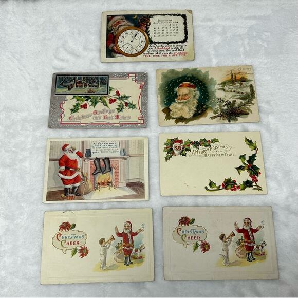Antique Christmas Post Card Santa Embossed Lot of 7 Post Cards Early 1900s - Picture 1 of 3
